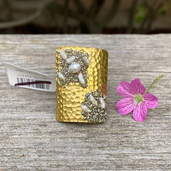 NWT Marly Moretti Free People Alba Freshwater Pearl/Brass/Pyrite Stone Ring Adj - Picture 11 of 11
